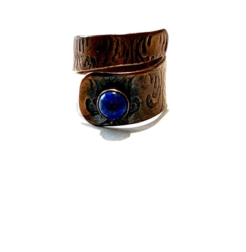 Vintage Copper & Lapis Wrap Ring Size 7 Adjustable Southwestern Stamped Design